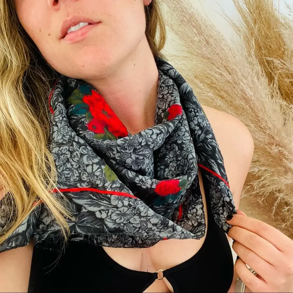 VINTAGE Dark Light Grey Black Red Floral Printed Pattern Scarf Hair Wrap